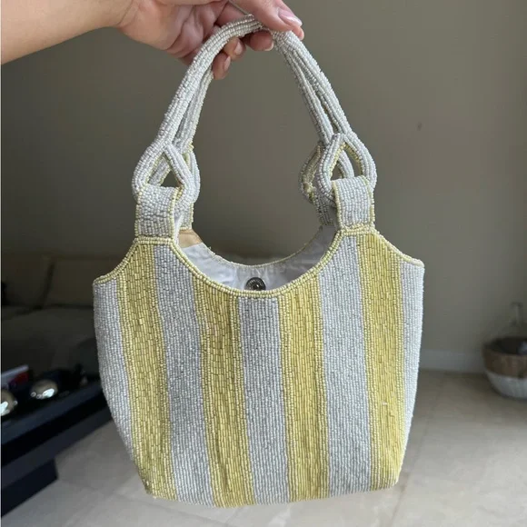 Handmade Yellow & Silver Beaded Tote Bag – Knotted Handle Detail - Picture 1 of 6